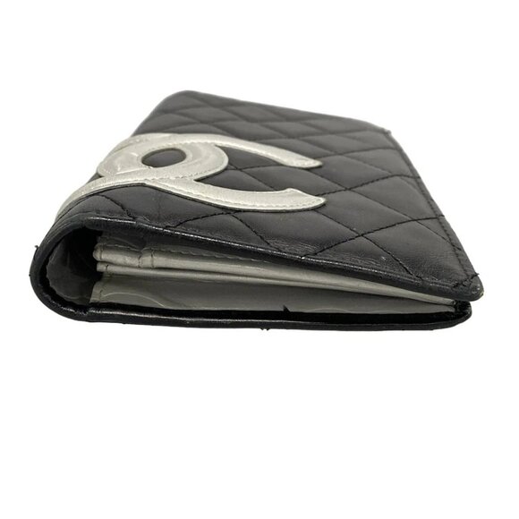 Auth CHANEL Cambon Line - Black Silver Lambskin Long Wallet